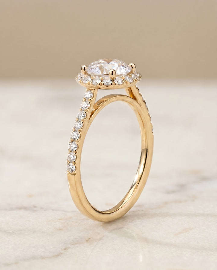 The Dylan Pavé Halo Engagement Ring Setting for Round Diamonds in 18K Yellow Gold
