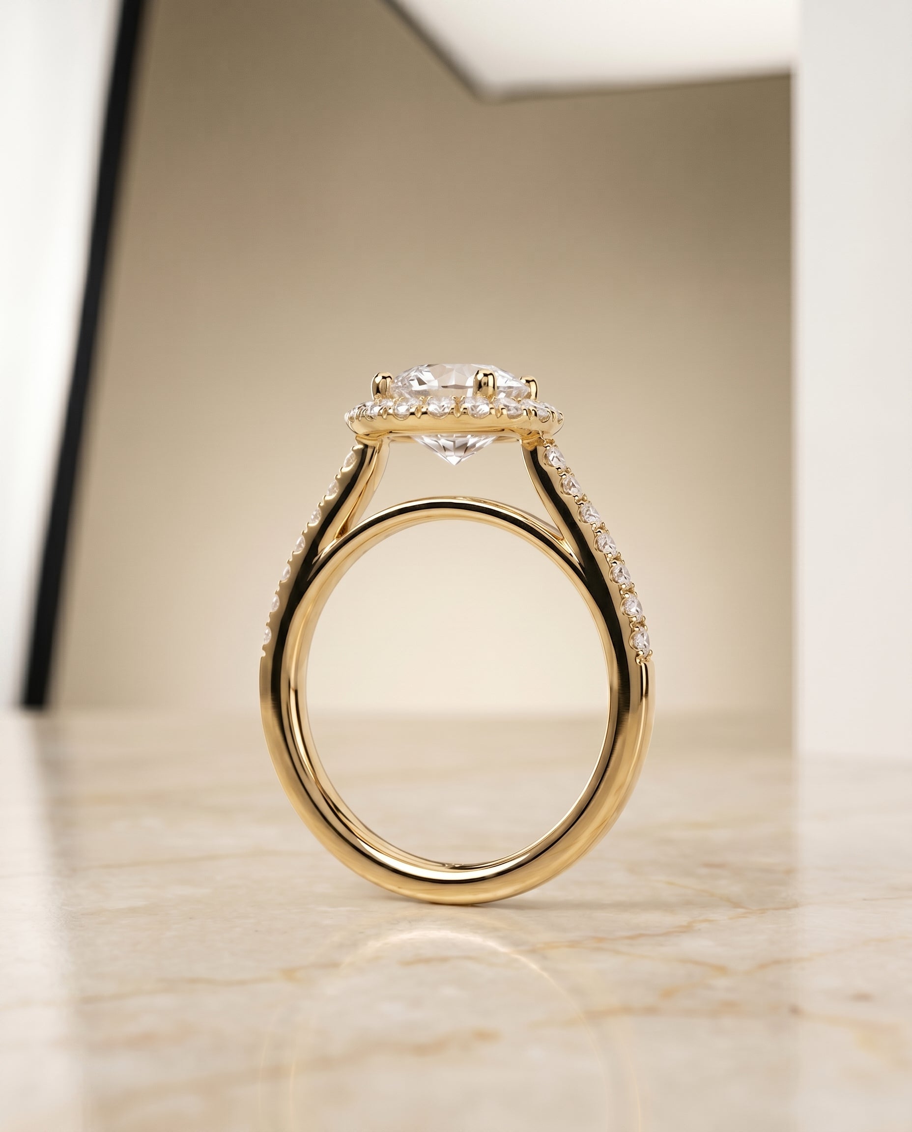Dylan Select Petite French Pavé Halo Round Lab Diamond Engagement Ring in 18K Yellow Gold, side view | RockHer