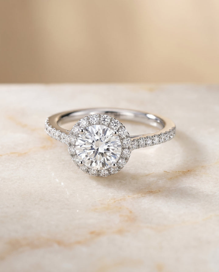 Dylan Select Petite French Pavé Halo Round Lab Diamond Engagement Ring in 18K White Gold, alternate angle | RockHer