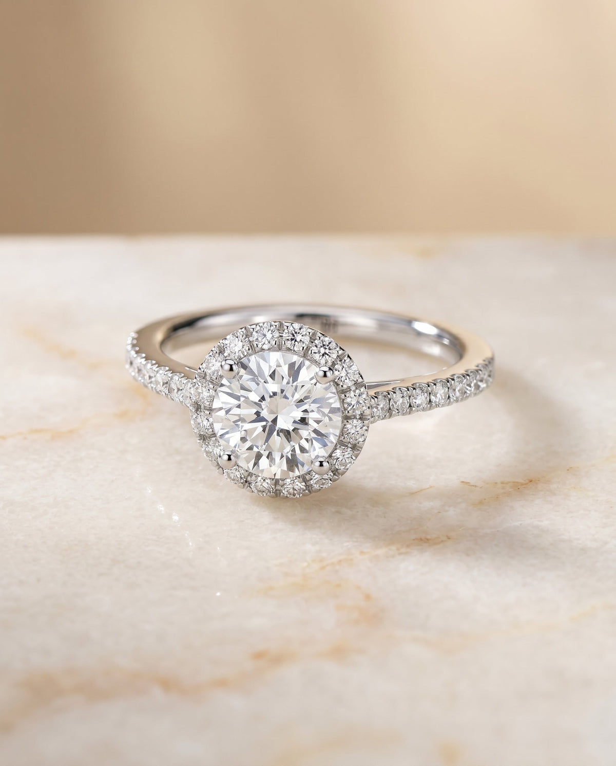 Dylan Select Petite French Pavé Halo Round Lab Diamond Engagement Ring in Platinum, alternate angle | RockHer