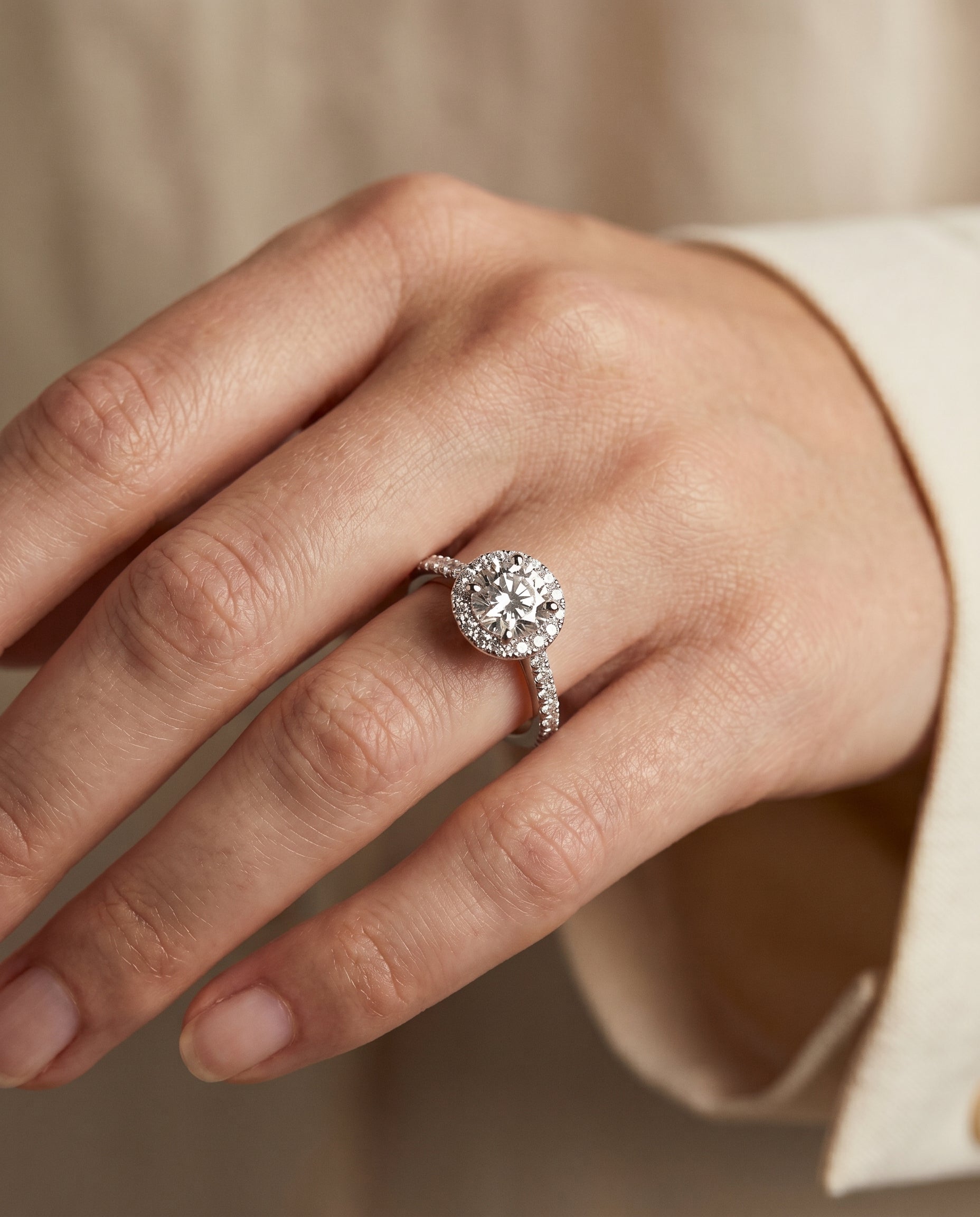 The Dylan engagement ring setting in Platinum, petite french pavé halo design | RockHer