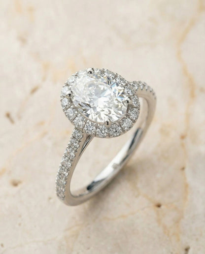 Dylan Select Petite French Pavé Halo Oval Lab Diamond Engagement Ring in Platinum, alternate angle | RockHer
