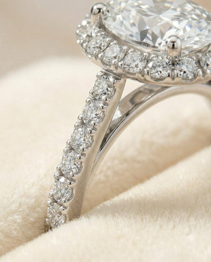 Dylan Select Petite French Pavé Halo Oval Engagement Ring, in Platinum, pave setting – detail view | RockHer