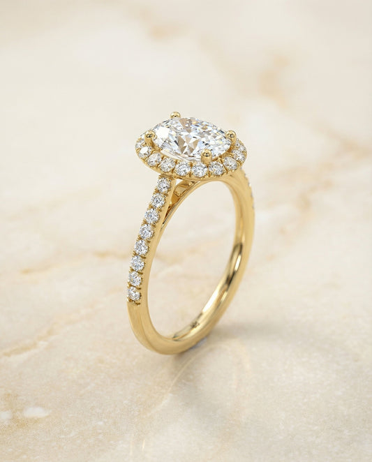 Dylan Select petite french pavé halo oval ring in 14K Yellow Gold — front — RockHer