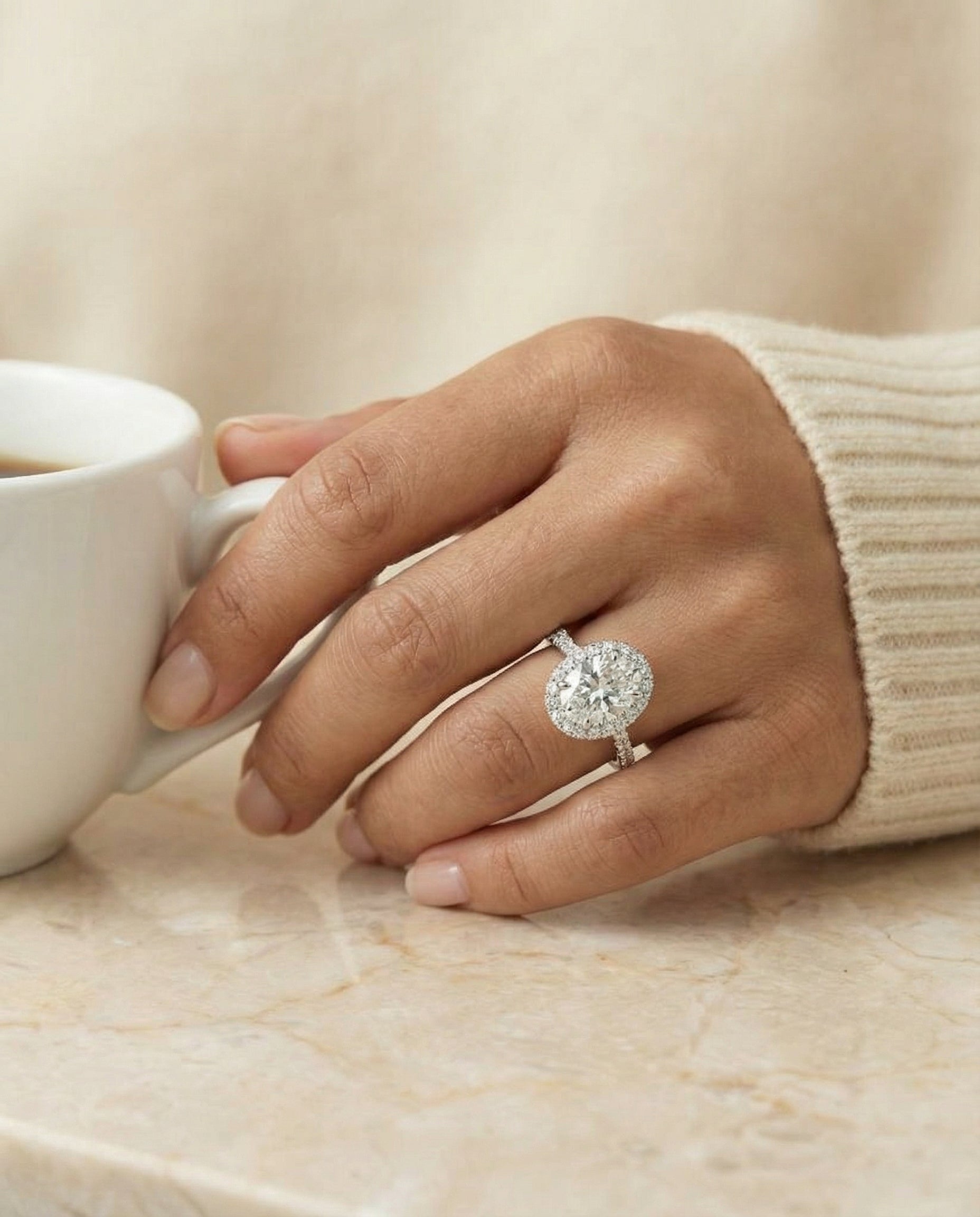 Dylan Select Petite French Pavé Halo Oval Lab Diamond Engagement Ring in Platinum, lifestyle | RockHer