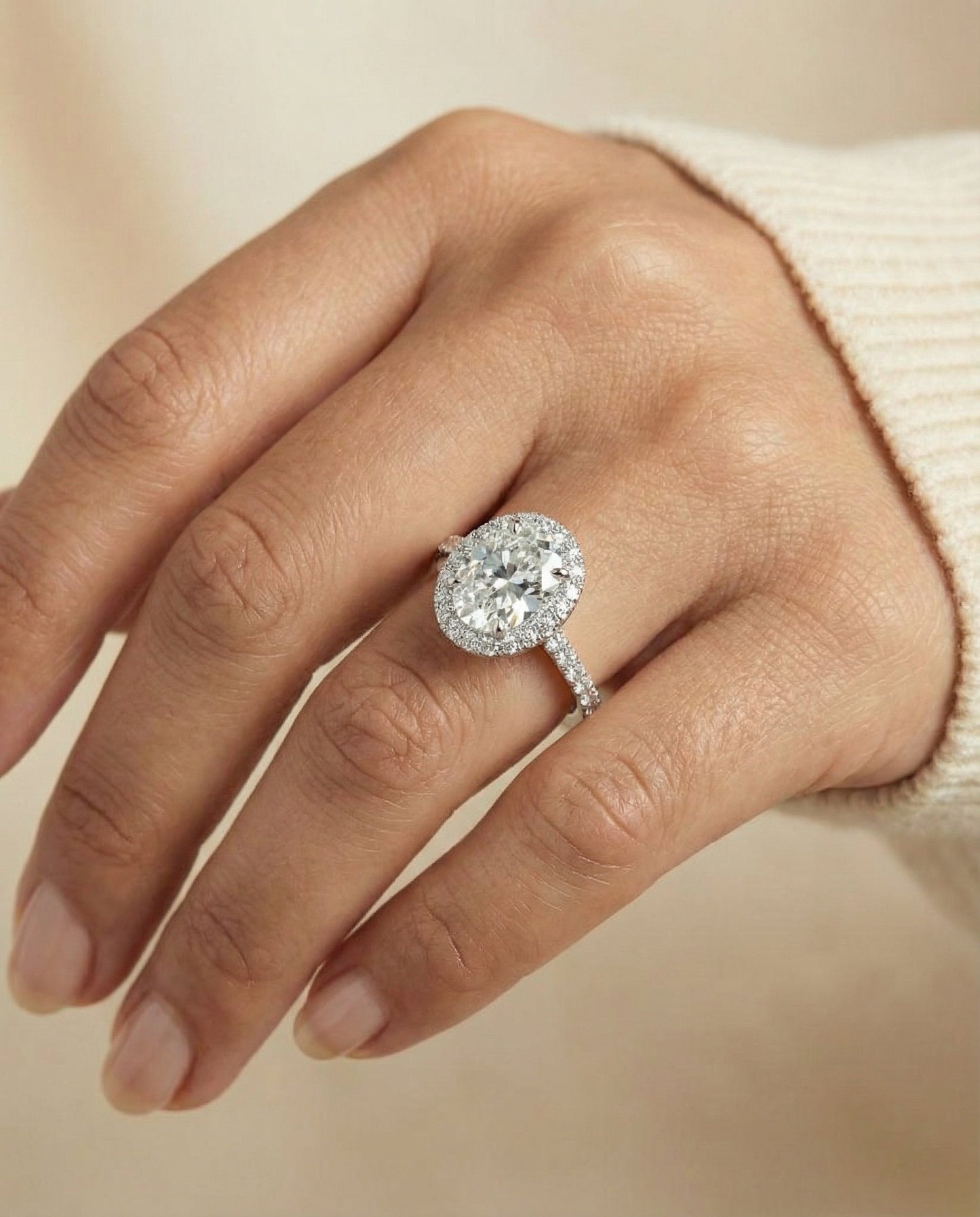 Dylan Select Petite French Pavé Halo Oval Engagement Ring, in 14K White Gold, pave setting – lifestyle shot | RockHer