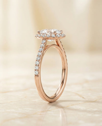 Petite French Pavé Halo Oval, in 14K Rose Gold, pave setting – side profile | RockHer