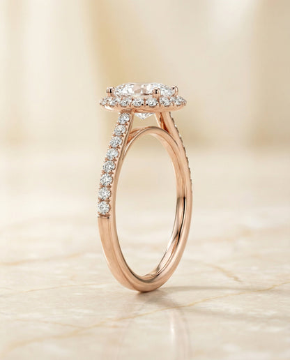 Dylan Select Petite French Pavé Halo Oval Lab Diamond Engagement Ring in 14K Rose Gold, side view | RockHer