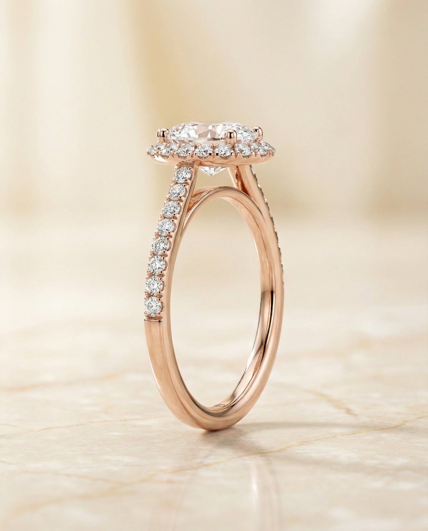 Dylan Select Petite French Pavé Halo Oval Engagement Ring in 14K Rose Gold with Oval Ideal Cut Lab Diamond — D/VVS1 | IGI Certified