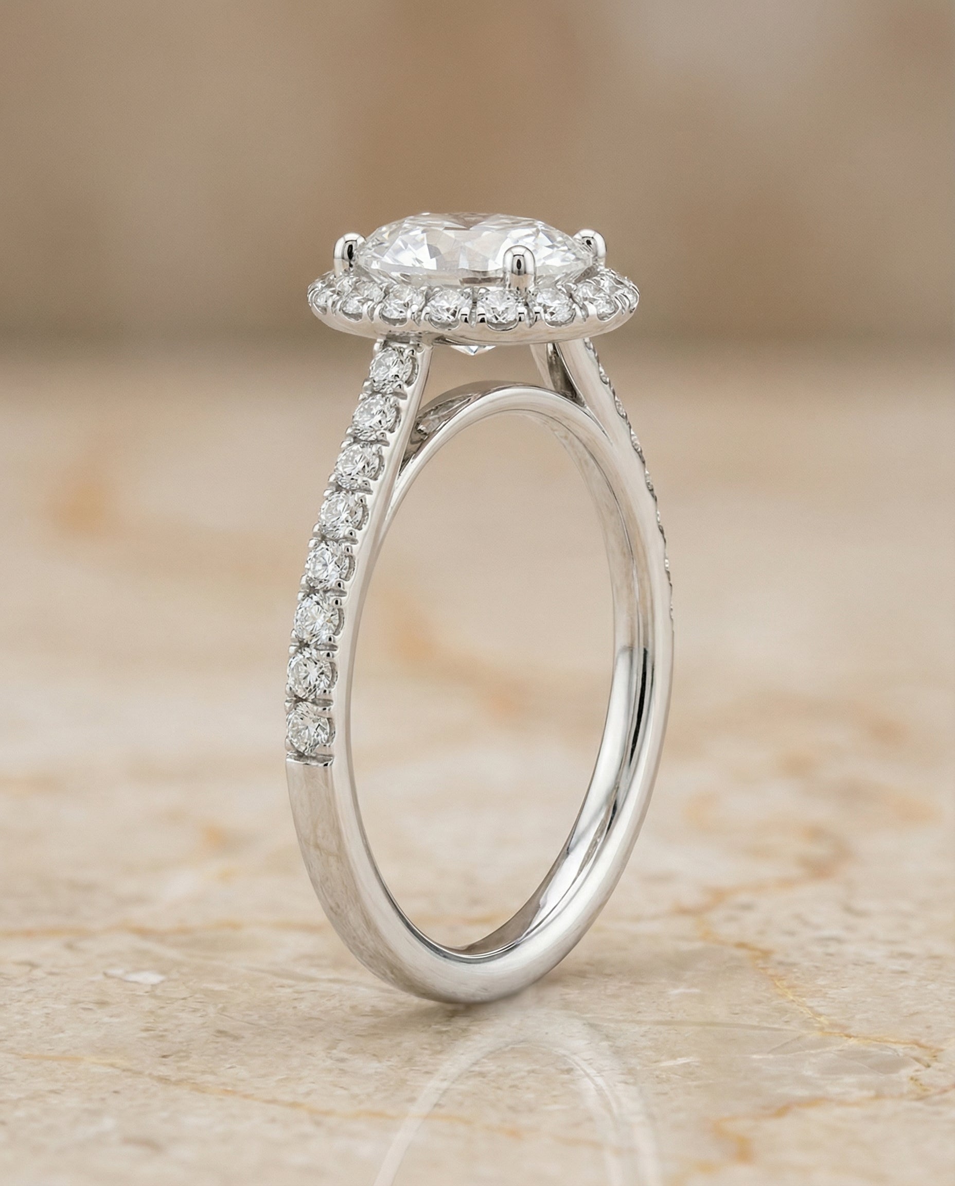 The Dylan petite french pavé halo engagement ring setting, shown in 18K White Gold | RockHer