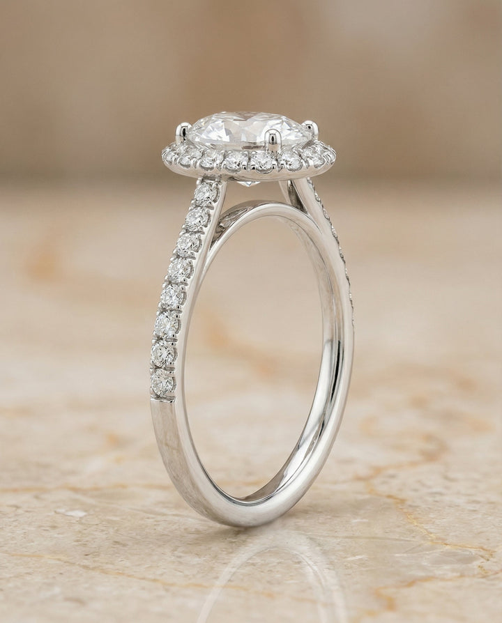 Dylan Select Petite French Pavé Halo Oval Engagement Ring, in 18K White Gold, pave setting – side profile | RockHer