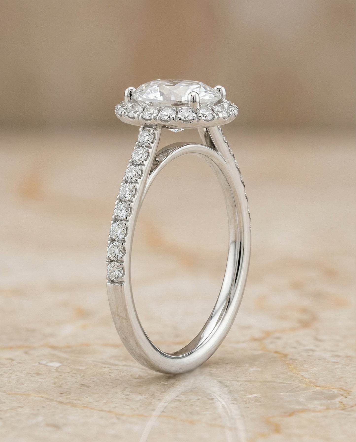Dylan Select Petite French Pavé Halo Oval Engagement Ring, in 14K White Gold, pave setting – side profile | RockHer