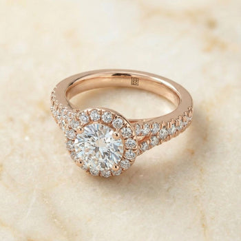 The Calliope Petite Split Shank Halo Round Engagement Ring Setting in 14K Rose Gold