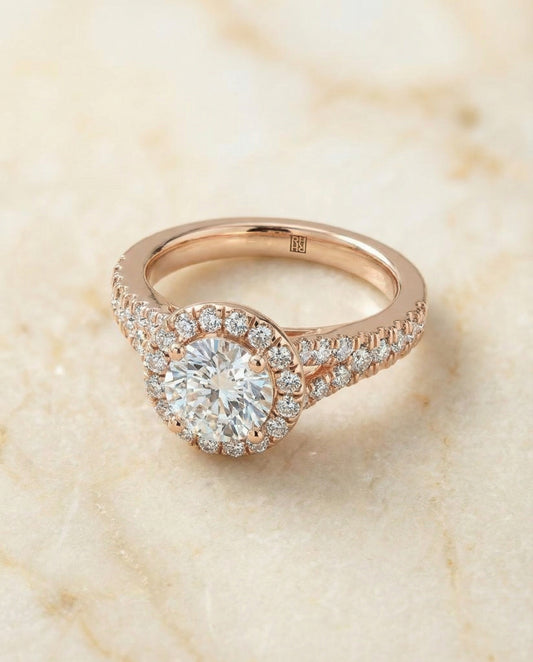 Round Brilliant, Petite Split Shank Halo, in 14K Rose Gold, pave setting – angled view | RockHer