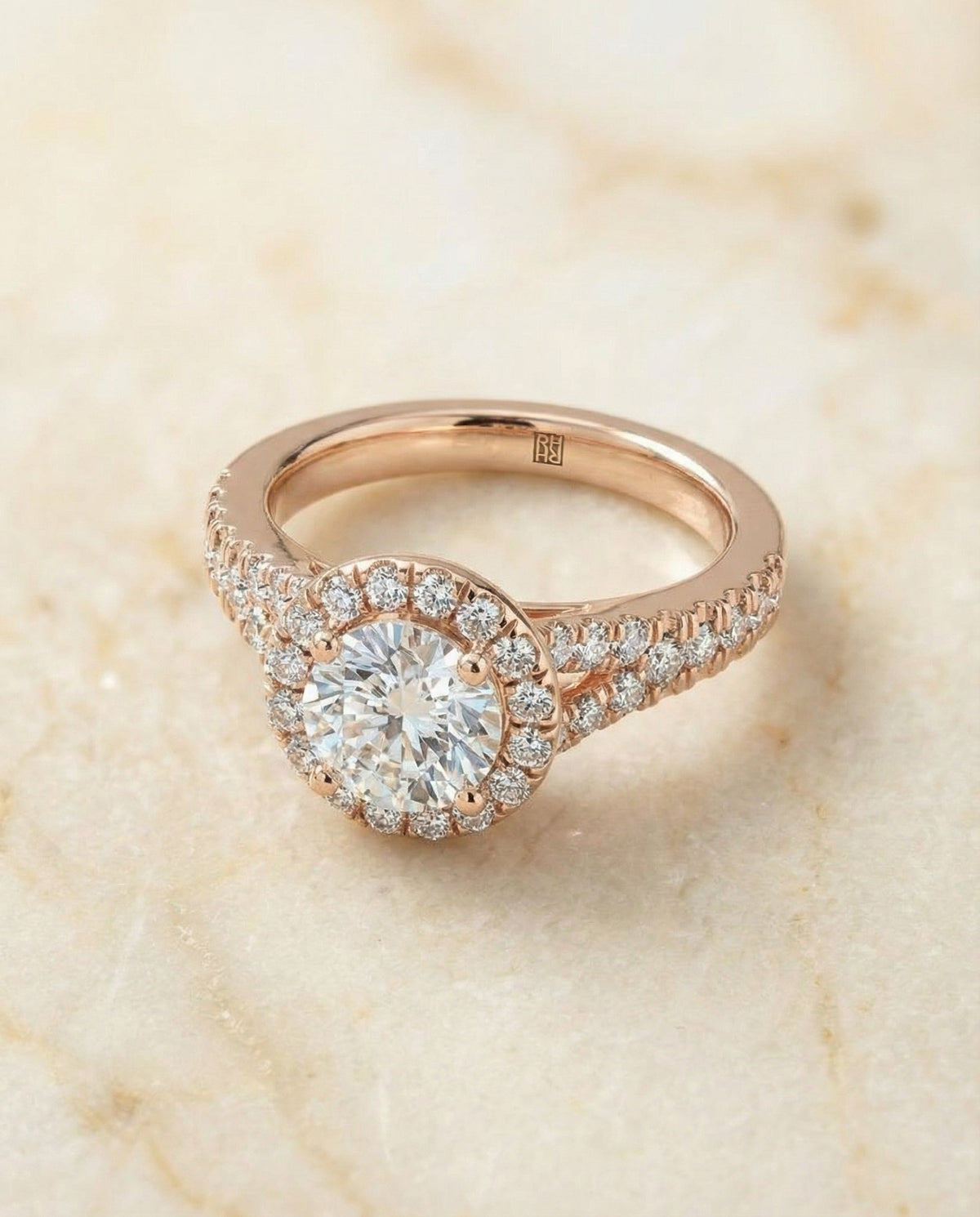 Calliope Select Petite Split Shank Halo Round Lab Diamond Engagement Ring in 14K Rose Gold, alternate angle | RockHer