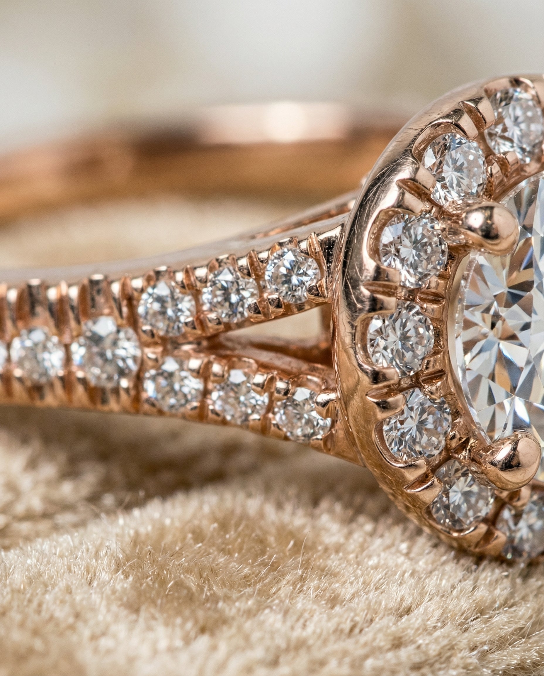Calliope Select Petite Split Shank Halo Round Lab Diamond Engagement Ring in 14K Rose Gold, detail view | RockHer