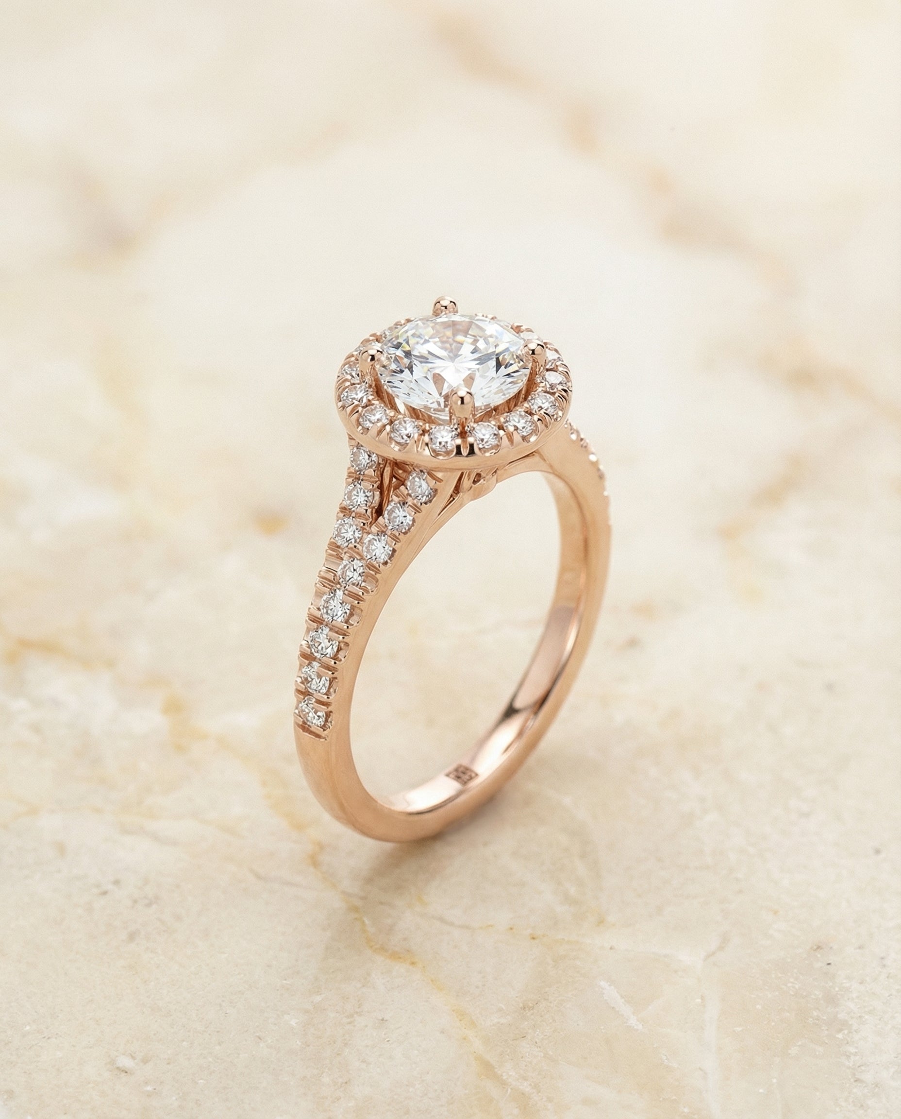 Petite Split Shank Halo styling on The Calliope round engagement ring setting | RockHer
