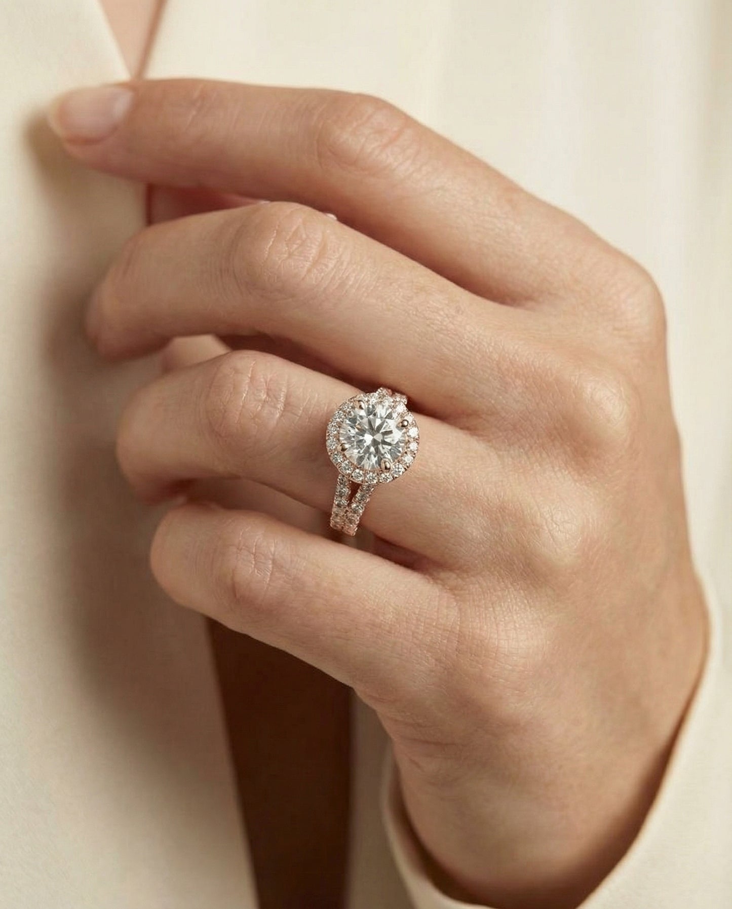 Round Brilliant, Petite Split Shank Halo, in 14K Rose Gold, pave setting – lifestyle shot | RockHer