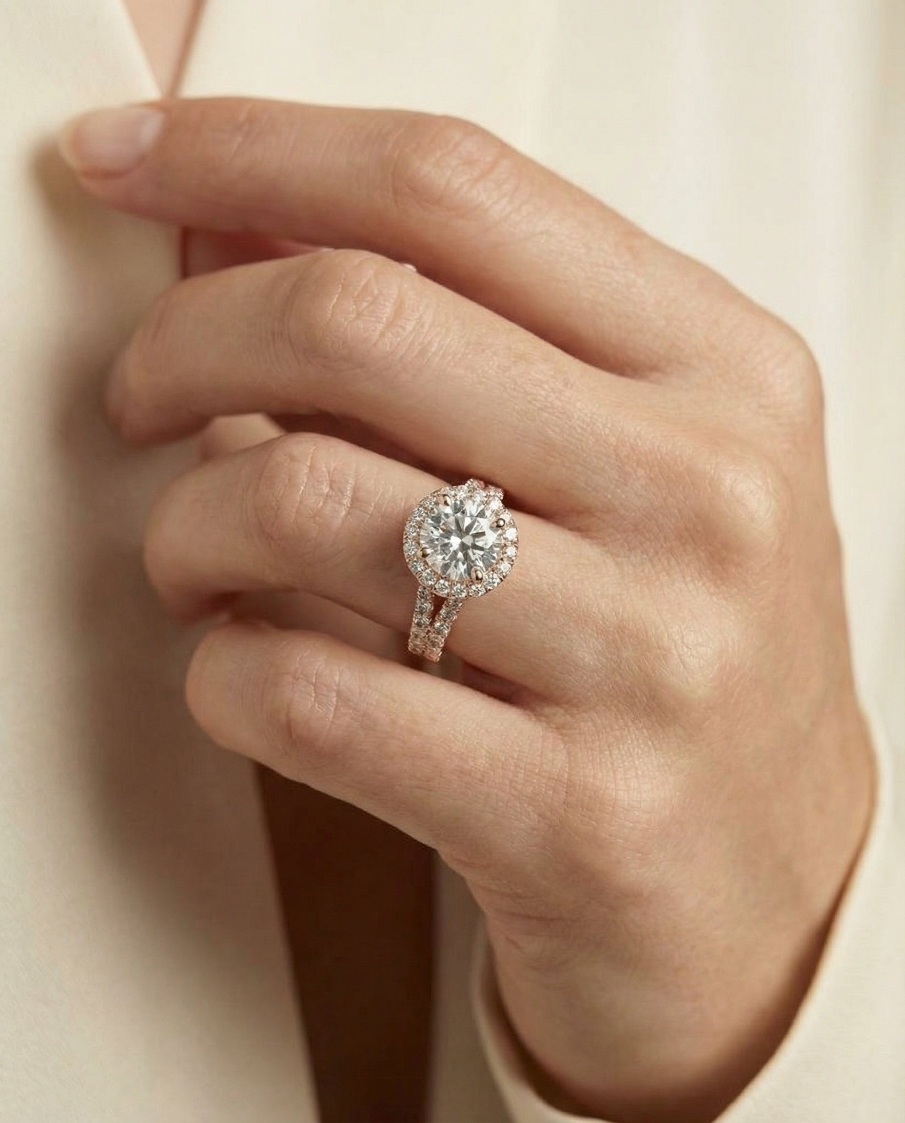 Calliope Select Petite Split Shank Halo Round Lab Diamond Engagement Ring in 14K Rose Gold, shown on hand, angled | RockHer
