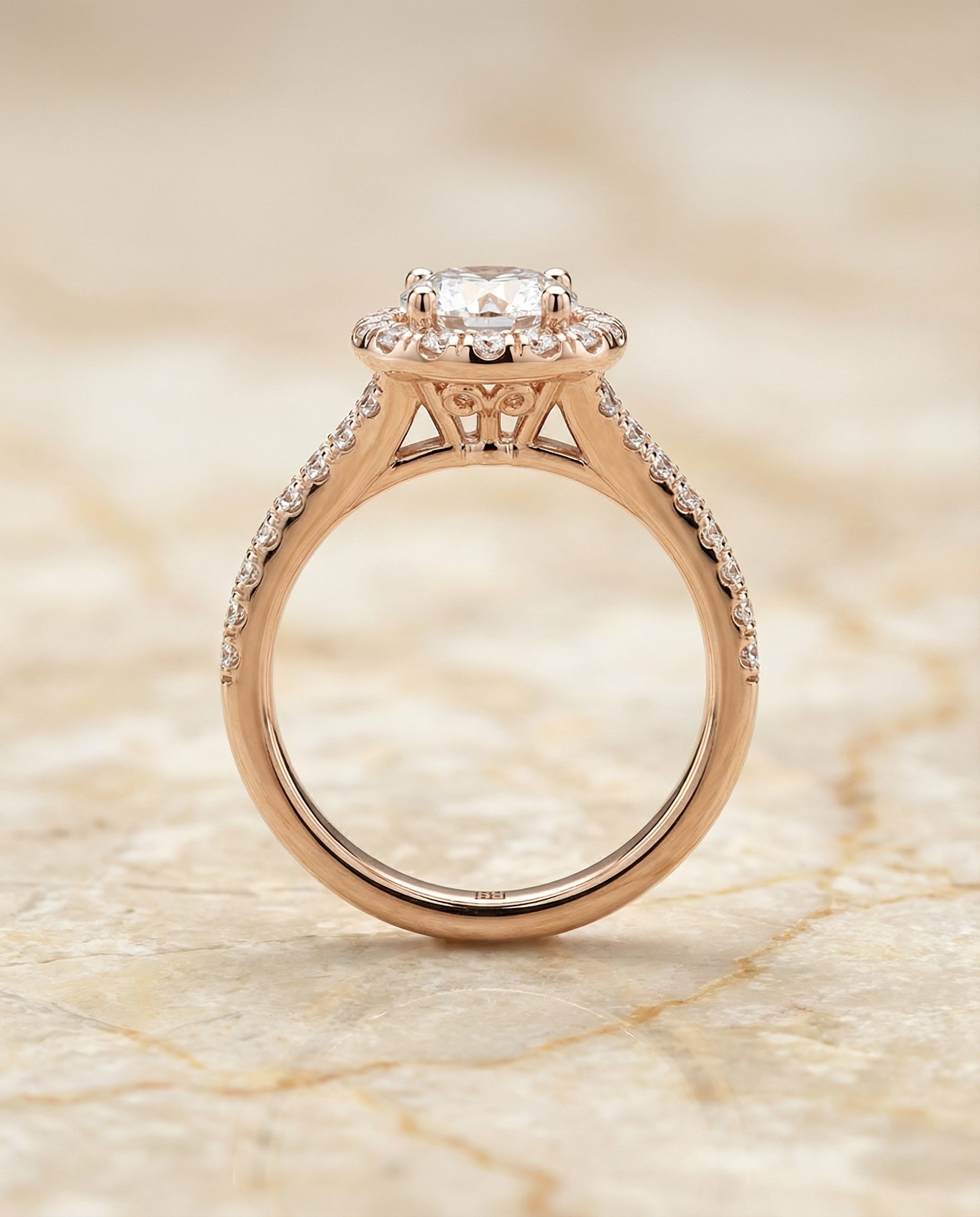 The Calliope petite split shank halo engagement ring setting, shown in 14K Rose Gold | RockHer