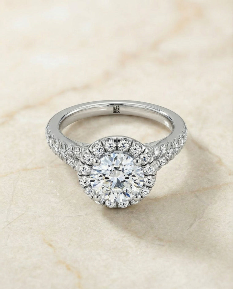 The Calliope Select Petite Split Shank Halo Round Lab Diamond Engagement Ring in 18K White Gold