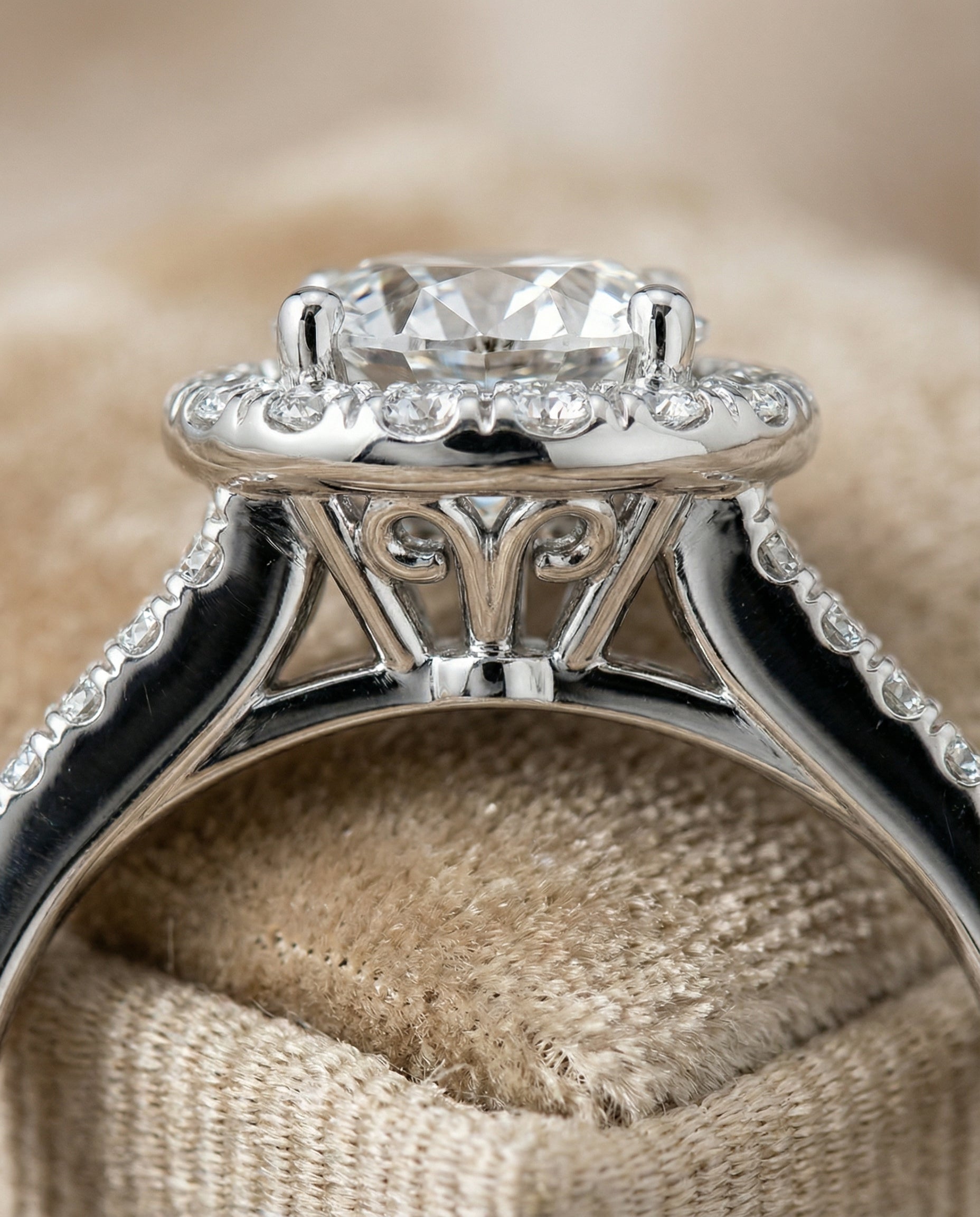 Calliope Select Petite Split Shank Halo Round Lab Diamond Engagement Ring in Platinum, detail view | RockHer