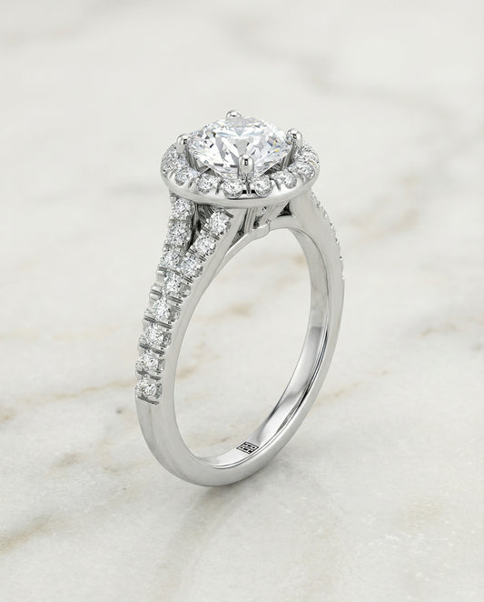 Petite Split Shank Halo Engagement Ring Setting in 14K White Gold