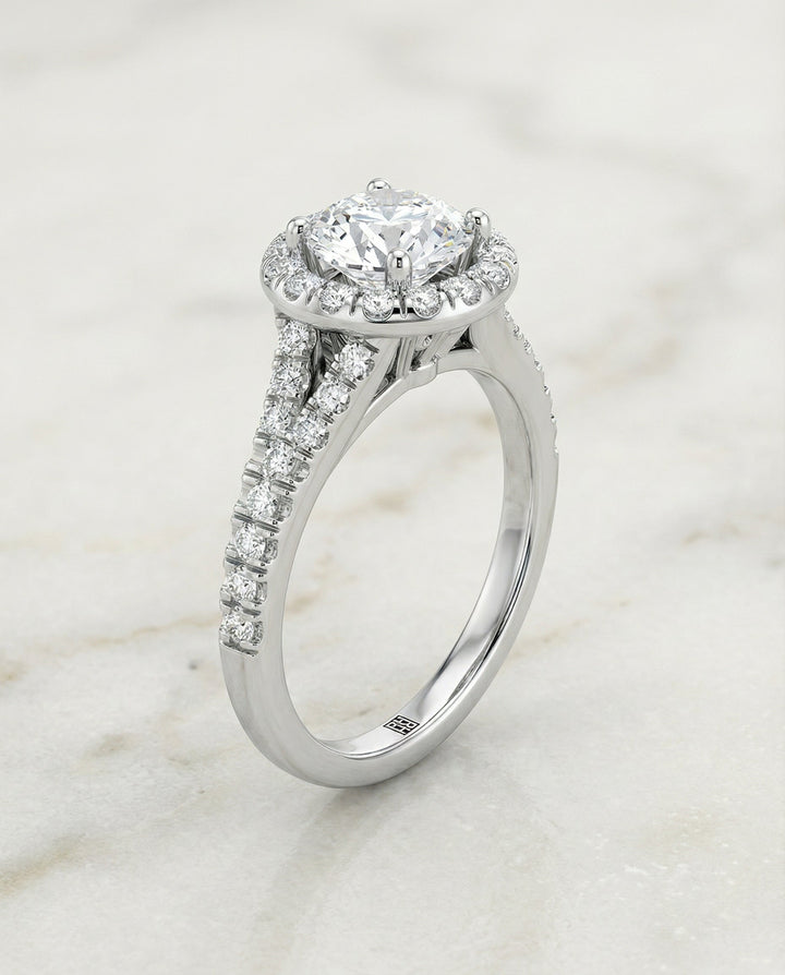 The Calliope Select Petite Split Shank Halo Solitaire Engagement Ring with Lab Diamond in 18K White Gold — view 2