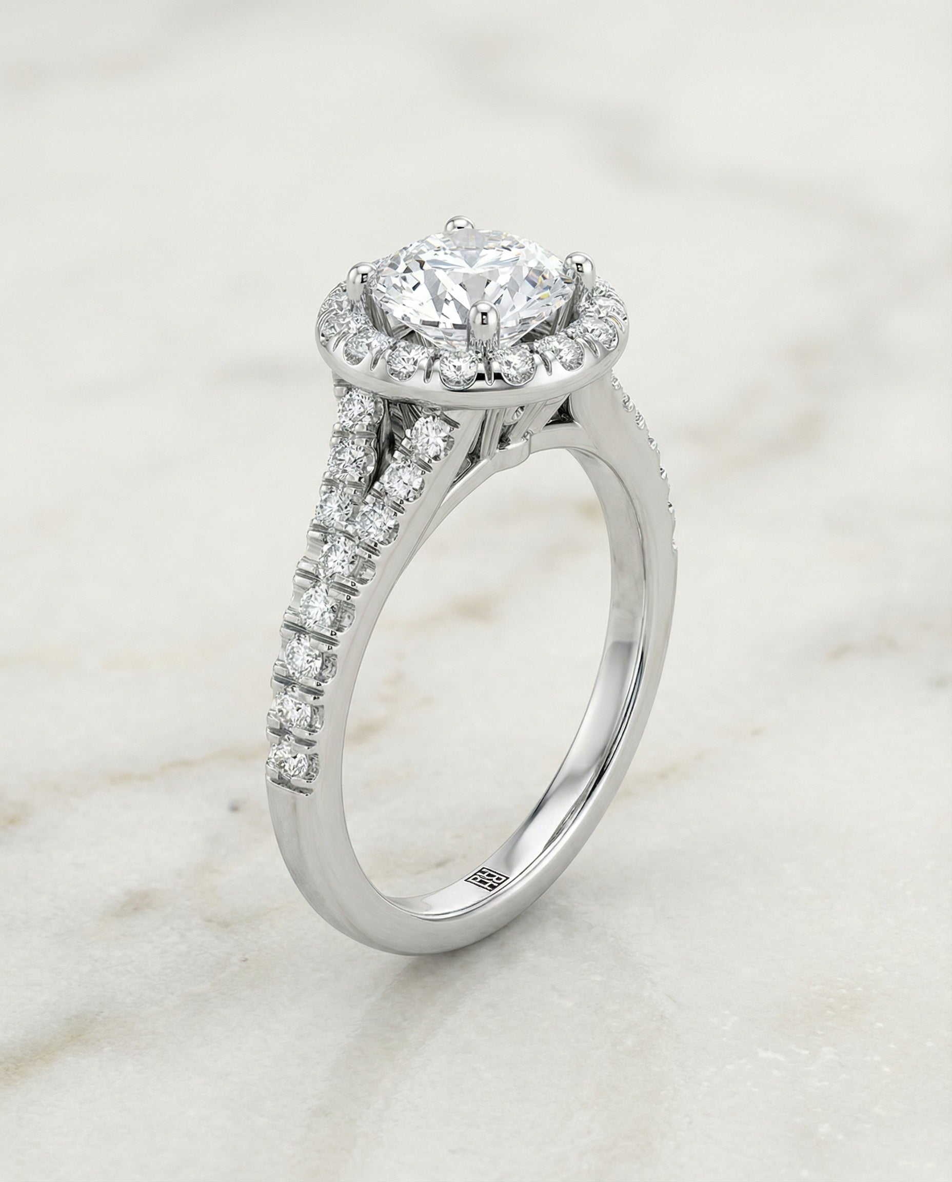 Calliope Select Petite Split Shank Halo Round Lab Diamond Engagement Ring in 18K White Gold, front view | RockHer