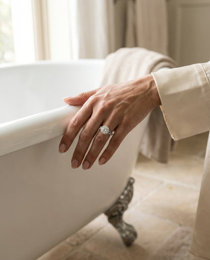Round Brilliant, Petite Split Shank Halo, in Platinum, pave setting – lifestyle shot | RockHer