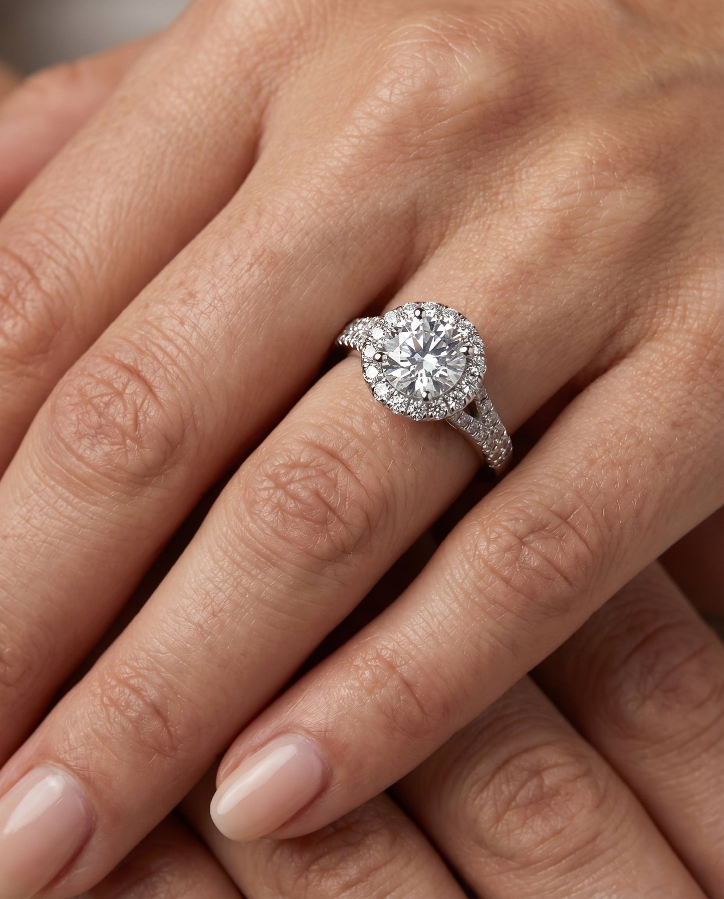 The Calliope Select Petite Split Shank Halo Solitaire Engagement Ring with Lab Diamond in 18K White Gold — view 5
