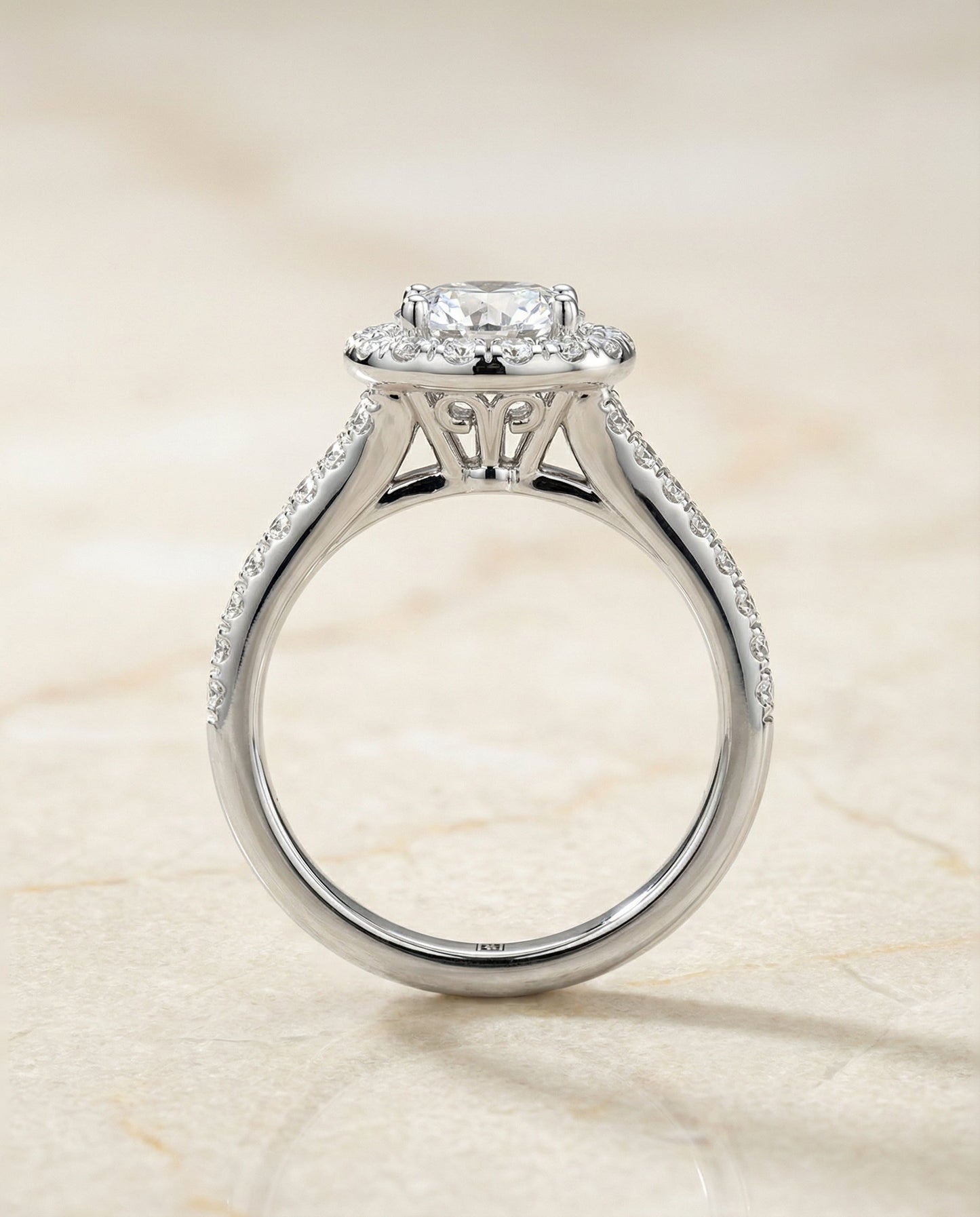 The Calliope Select Petite Split Shank Halo Solitaire Engagement Ring with Lab Diamond in 18K White Gold — view 6
