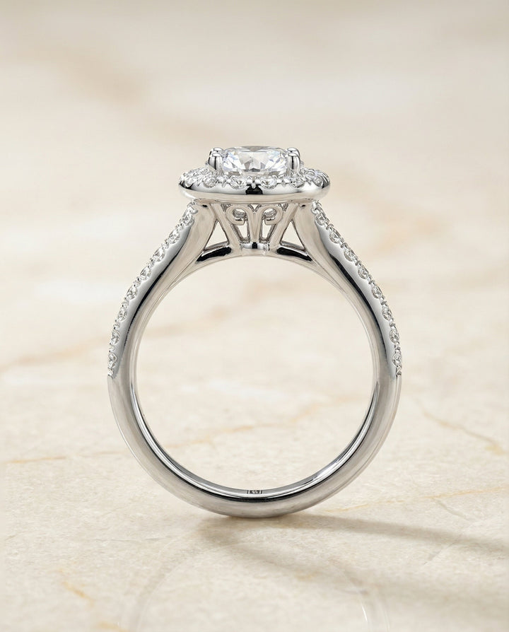 The Calliope Select Petite Split Shank Halo Solitaire Engagement Ring with Lab Diamond in 18K White Gold — view 6