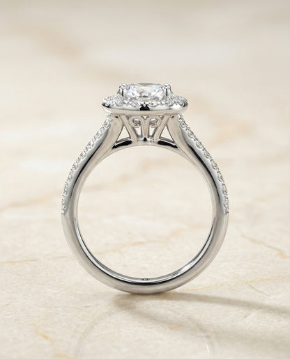 Round Brilliant, Petite Split Shank Halo, in Platinum, pave setting – side profile | RockHer