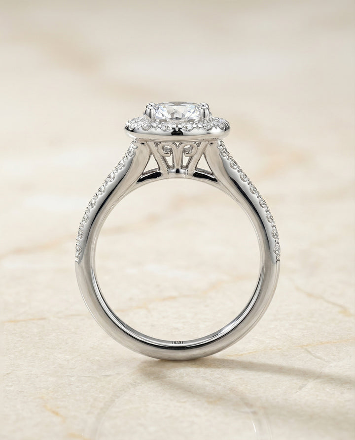Round Brilliant, Petite Split Shank Halo, in Platinum, pave setting – side profile | RockHer