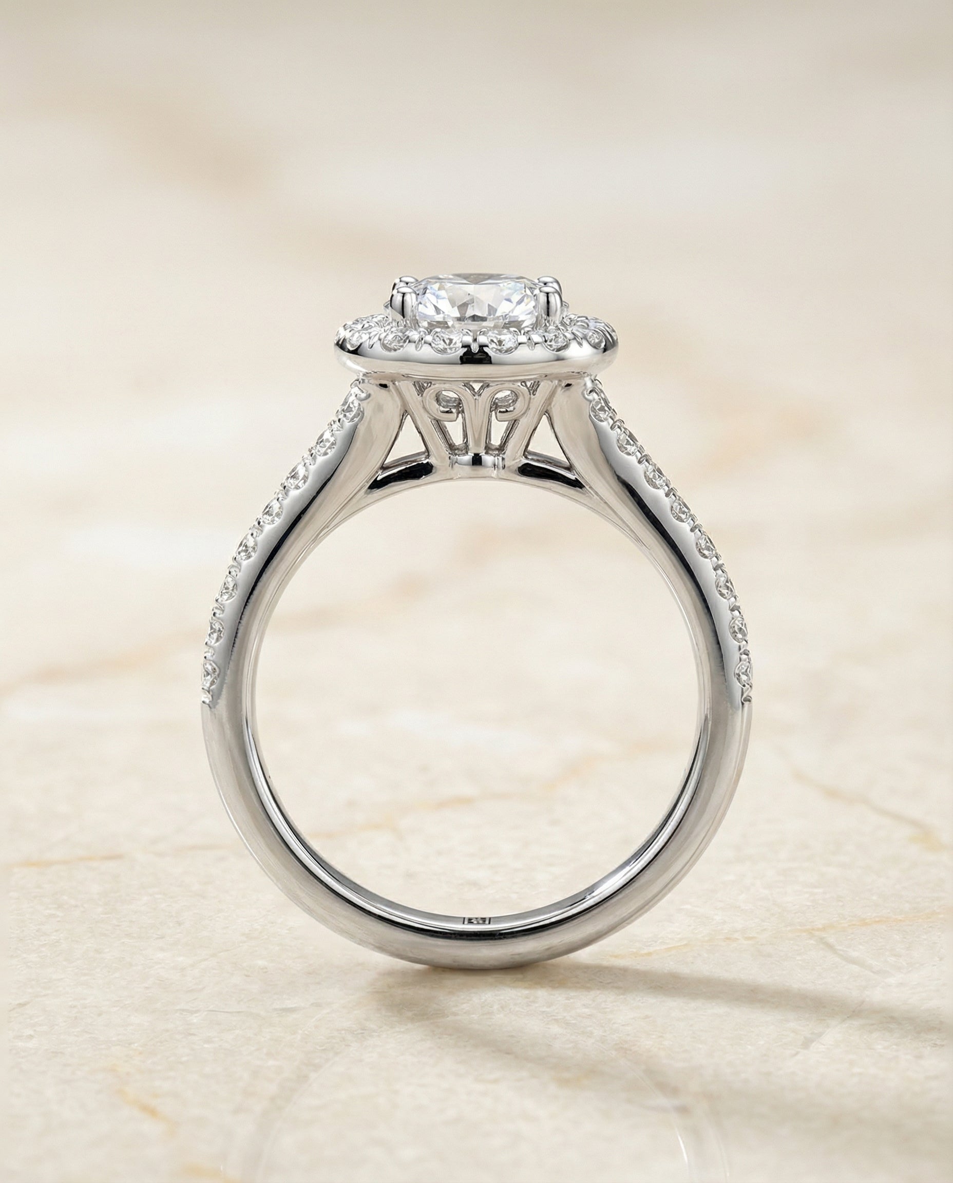 Calliope Select Petite Split Shank Halo Round Lab Diamond Engagement Ring in 18K White Gold, side view | RockHer