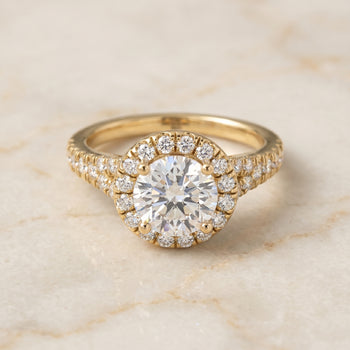 The Calliope Petite Split Shank Halo Round Engagement Ring Setting in 18K Yellow Gold