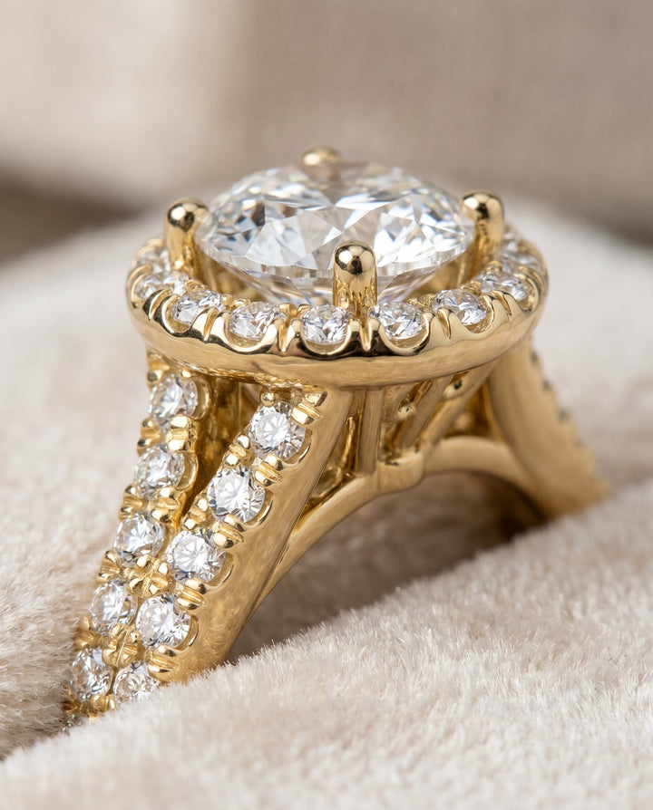 Calliope petite split shank halo engagement ring in 18K yellow gold with round lab diamond — RockHer