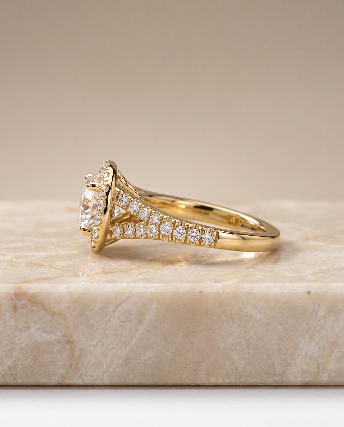 Calliope petite split shank halo engagement ring in 18K yellow gold with round lab diamond — RockHer