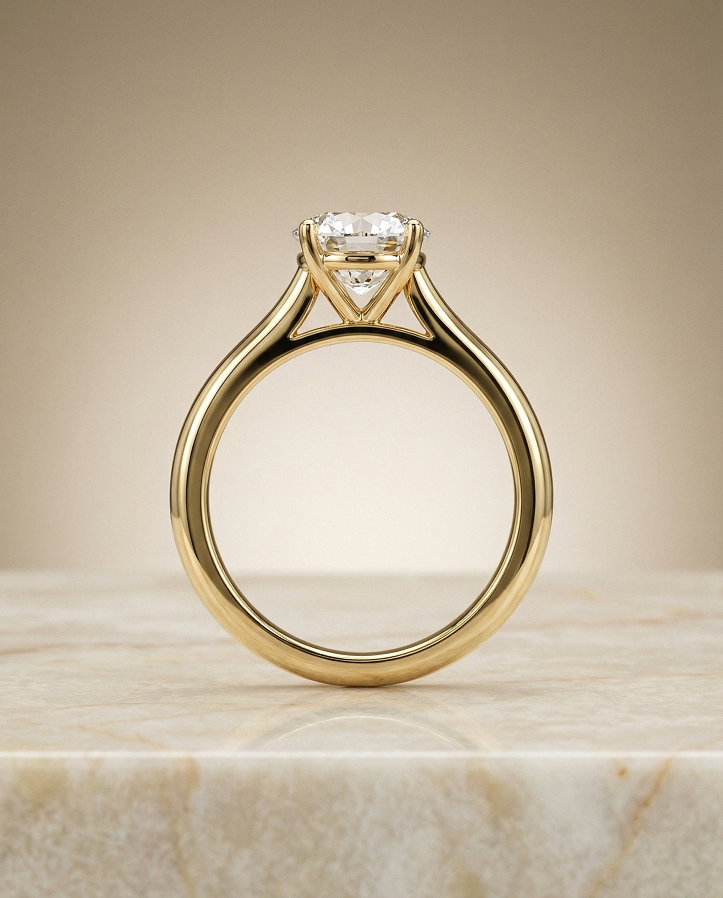 Round Brilliant, Pinched Cathedral Solitaire, in 18K Yellow Gold, prong setting – side profile | RockHer