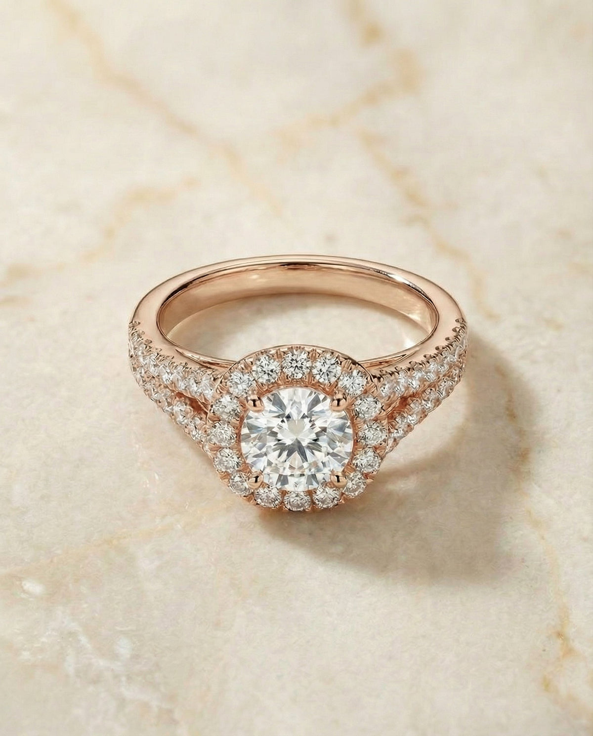 Billie Select Prong Halo Split Shank Cushion Cut Lab Diamond Engagement Ring in 14K Rose Gold, alternate angle | RockHer