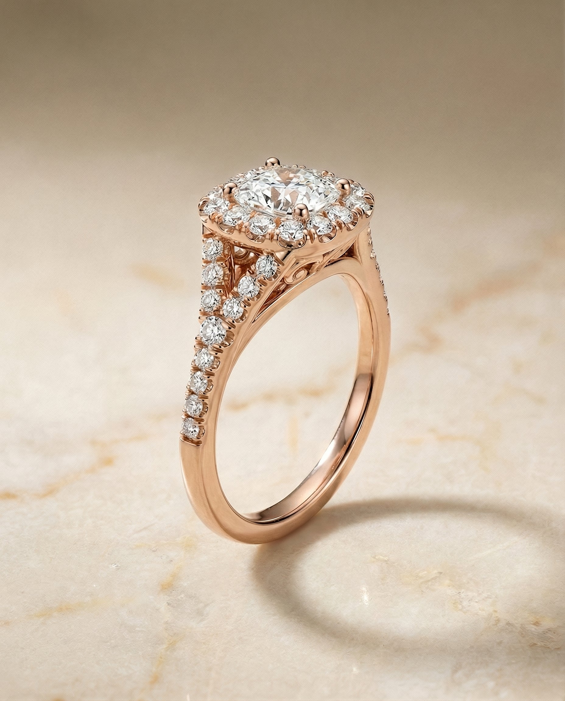 Prong Halo Split Shank Cut styling on The Billie cushion engagement ring setting | RockHer