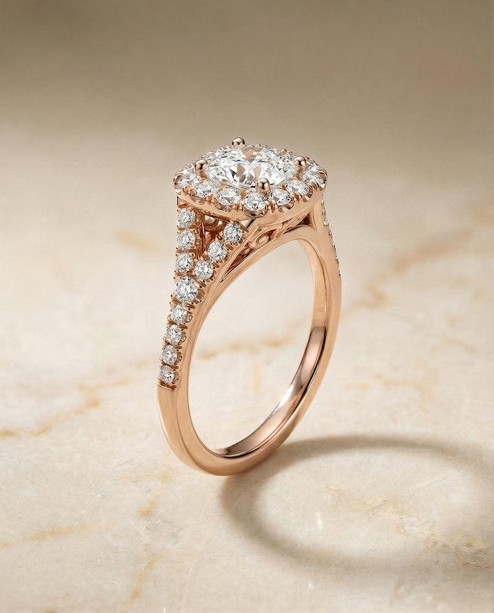 Prong Halo Split Shank Cushion, in 14K Rose Gold, pave setting – front view | RockHer