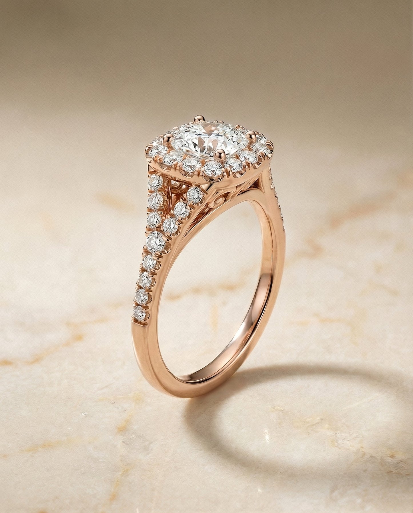 Billie Select prong halo split shank cushion cushion ring in 14K Rose Gold — front — RockHer