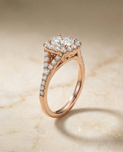 Billie Select prong halo split shank cushion cushion ring in 14K Rose Gold — front — RockHer