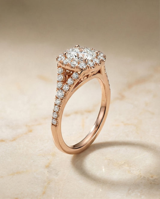 Billie Select prong halo split shank cushion cushion ring in 14K Rose Gold — front — RockHer