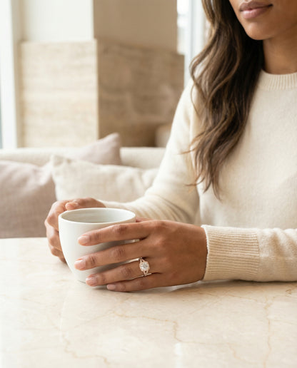 Prong Halo Split Shank Cushion, in 14K Rose Gold, pave setting – lifestyle shot | RockHer