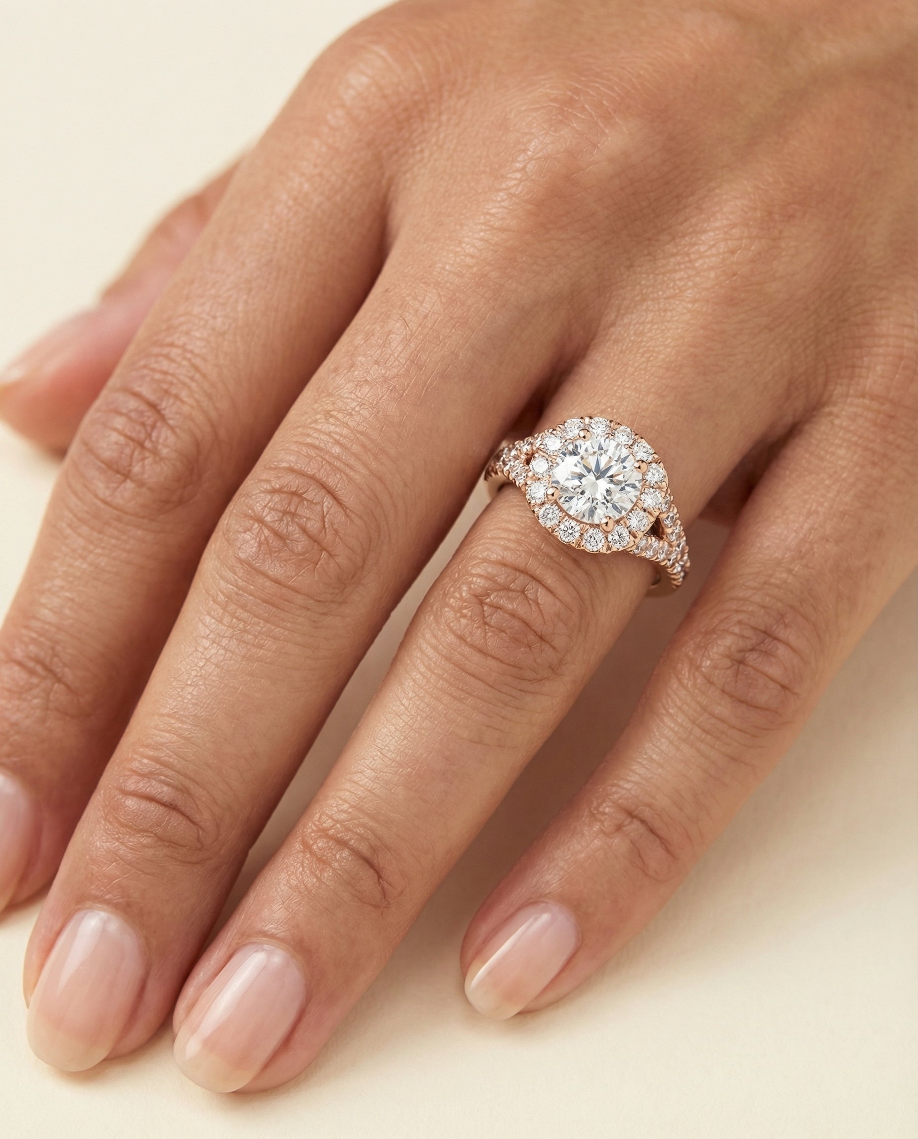 The Billie engagement ring setting in 14K Rose Gold, prong halo split shank cut design | RockHer