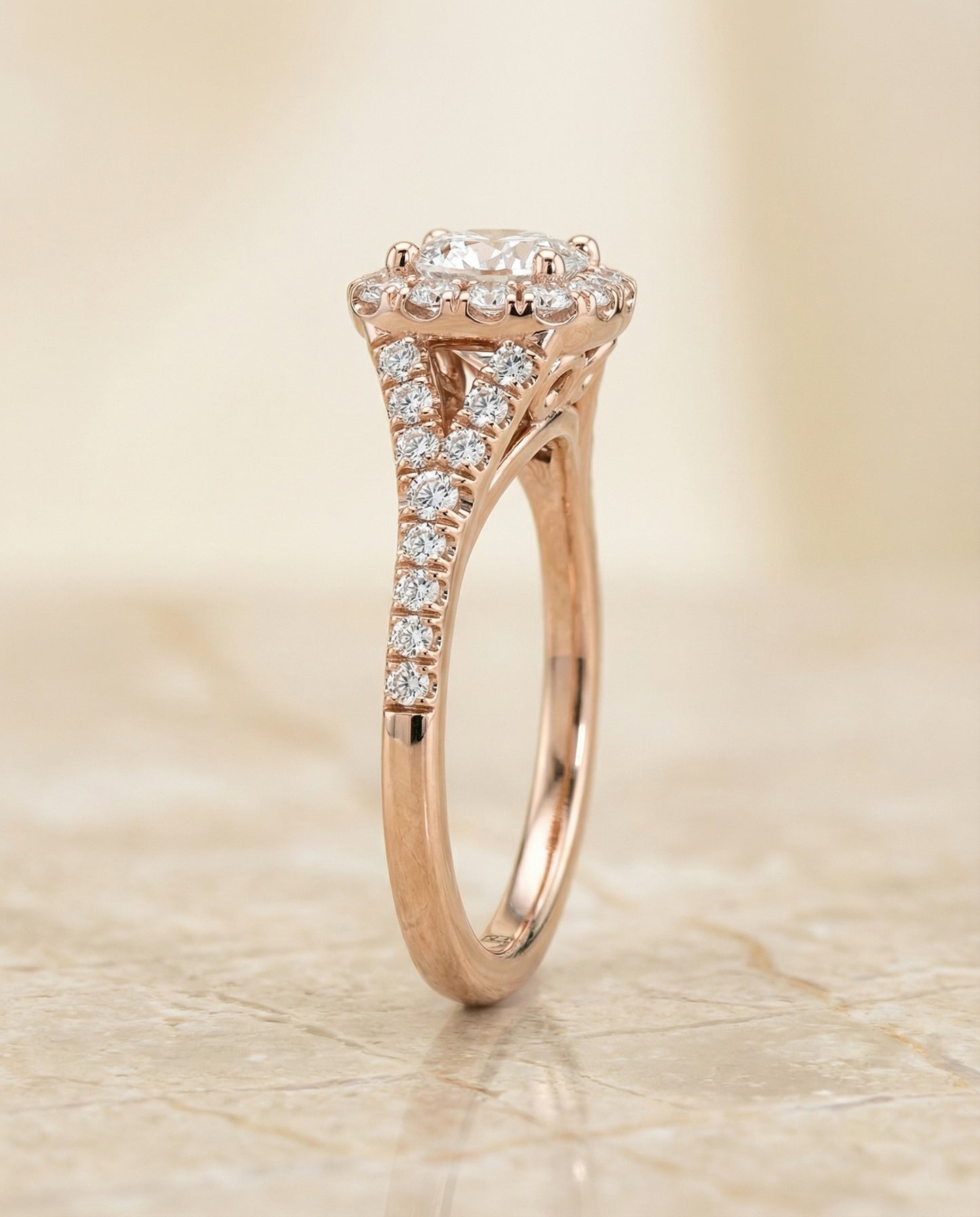 Prong Halo Split Shank Cushion, in 14K Rose Gold, pave setting – side profile | RockHer