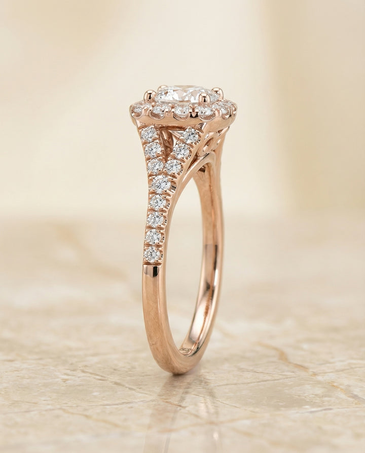 Prong Halo Split Shank Cushion, in 14K Rose Gold, pave setting – side profile | RockHer